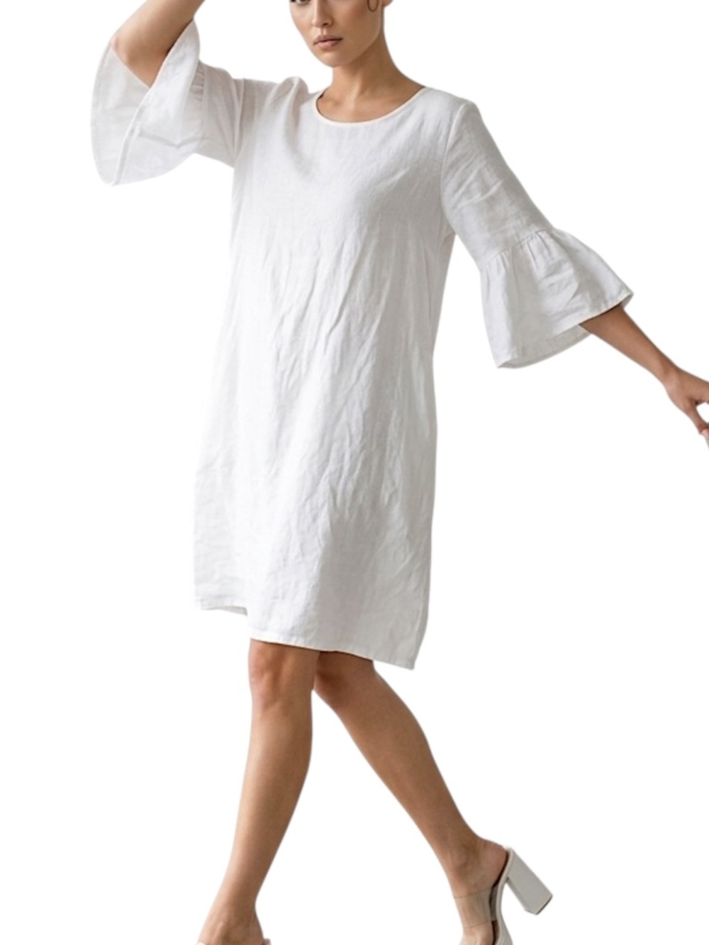 Orientique Australia pure linen white bell sleeve a line lagenlook dress S